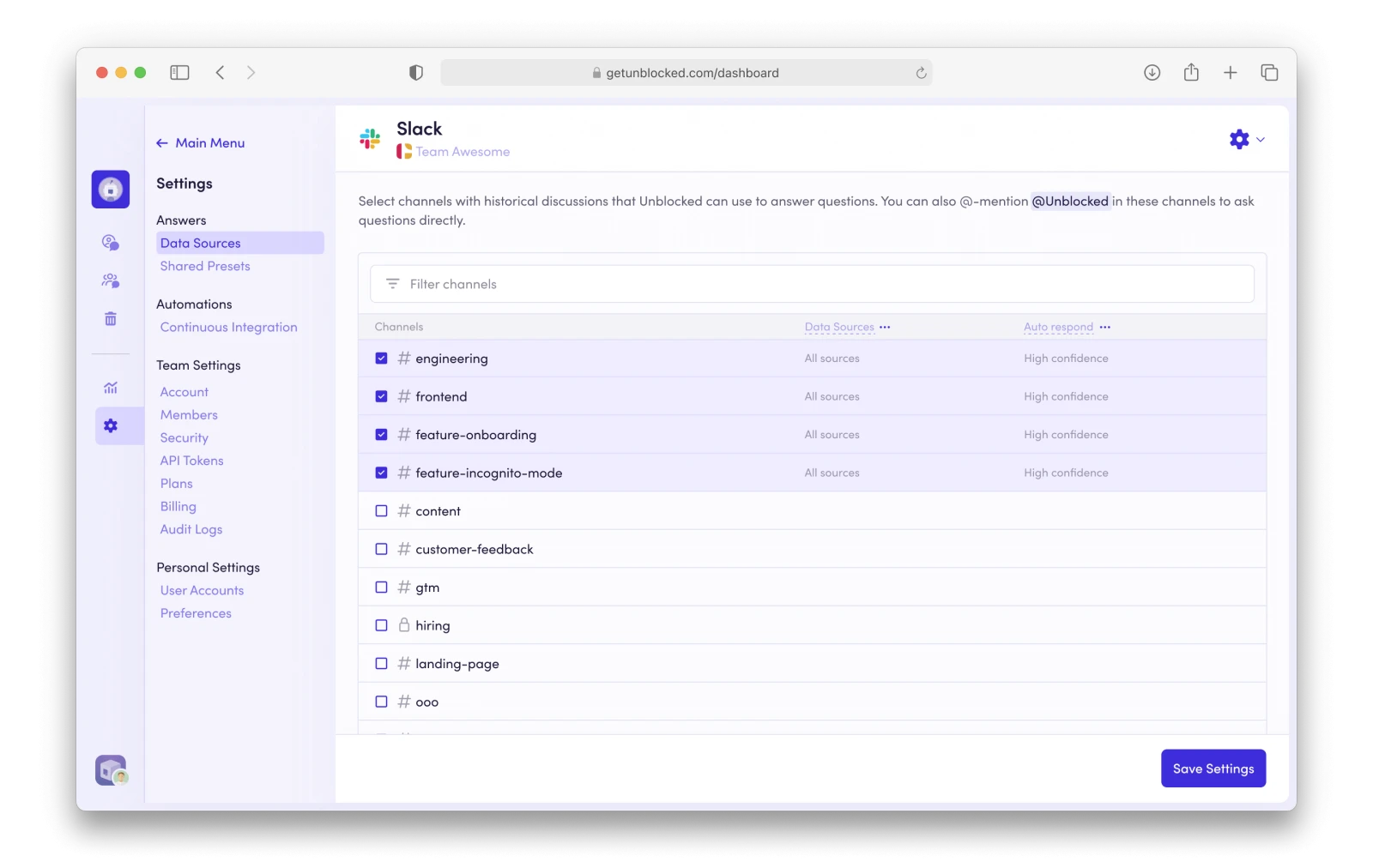 Slack channel settings in the Unblocked dashboard